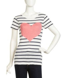 Short Sleeve Striped Heart Tee, Daisy White/Nocturnal/Coral