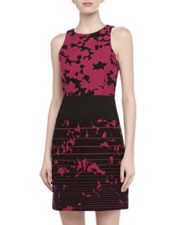 Sleeveless Floral & Stripe Print Dress, Plum