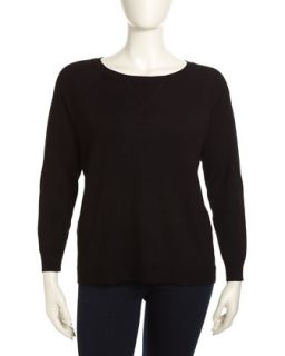 Crewneck Knit Raglan Sweater, Black, Womens