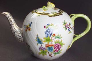 Herend Queen Victoria (Green Border) Teapot & Lid, Fine China Dinnerware   Flowe