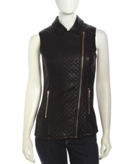 Quilted Faux Leather Zip Vest, Black