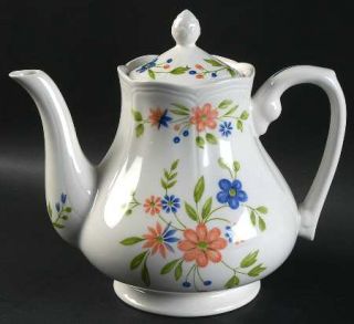 Country French Teapot & Lid, Fine China Dinnerware   Dark Blue & Pink    F