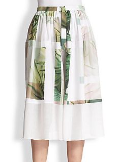 Tibi Fiore Cactus Sheer Hem Printed Cotton Skirt   White