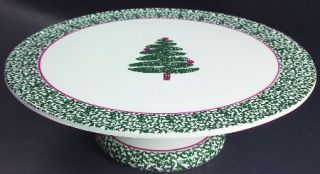 Furio Fuo5 Footed Cake Plate, Fine China Dinnerware   Green Sponged Rim&Xmas Tre