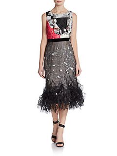 Sequined Mixed Media Cocktail Dress   Black