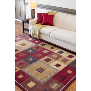 Hand tufted Contemporary Red/brown Geometric Square Red Geometric Wool Abstract Rug (5 X 8)