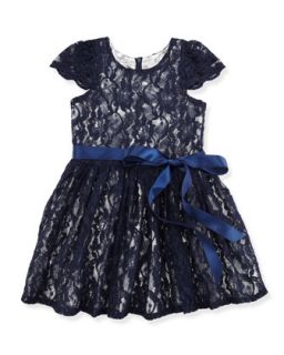 Lace Metallic Underlay Dress, Navy, 4 6X