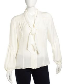 Lantern Sleeve Button Front Silk Blouse, Ivory, Womens