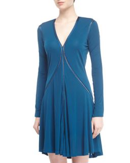 V Neck Metallic Trim Long Sleeve Dress, Prussian Blue