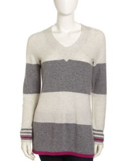 V Neck Striped Cashmere Sweater, Anchor Gray