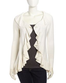 Open Front Ruffled Cashmere Blend Cardigan, White