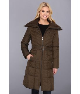 Cole Haan Belted Down Coat w/ Exposed Zipper and Knit Collar Womens Coat (Olive)