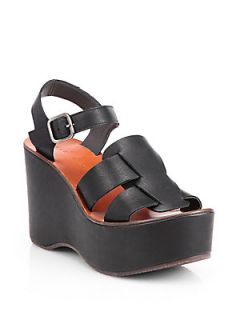 Chie Mihara Guion Leather Platform Wedge Sandals   Black