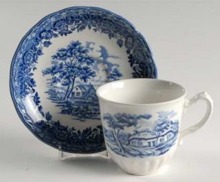 Grindley Country Style Blue Flat Cup & Saucer Set, Fine China Dinnerware   Blue,