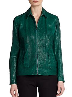 Dyed Leather Zip Front Jacket   Green