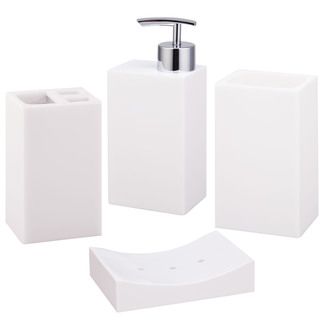 Jovi Home Paragon White Bath Accessory 4 piece Set (WhiteRust freeSpot clean onlyDimensionsLotion dispenser 7.17 inches high x 2.8 inches wide x 1.97 inches deepTumbler 4.81 inches high x 2.8 inches wide x 1.97 inches deepToothbrush holder 4.81 inches