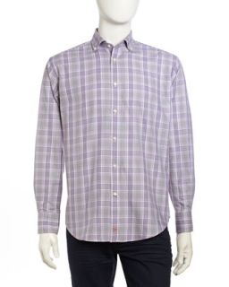 Checked Houndstooth Woven Long Sleeve Sport Shirt, Purple