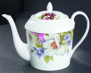 Bill Goldsmith Victoria Teapot & Lid, Fine China Dinnerware   Multifloral Border