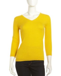 Cashmere V Neck 3/4 Sleeve Sweater, Yellow