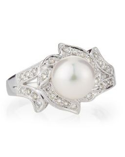 Diamond Swirl & Akoya Pearl Ring, Size 7
