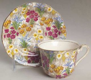 Royal Winton Marguerite (Gold Trim) Flat Cup & Saucer Set, Fine China Dinnerware