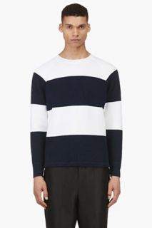Nanamica White And Navy Striped Sweater