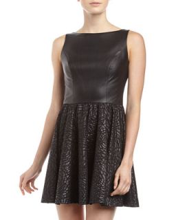 Faux Leather Rosette Flare Skirt Dress, Black