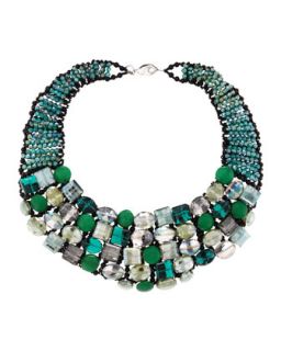 Glass Crystal and Stone Collar Necklace, Green/Jet