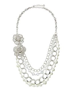 Pearly Crystal Multi Strand Flower Necklace