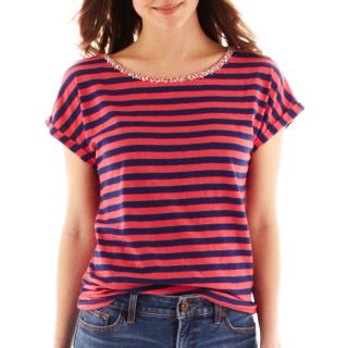 Short Sleeve Embellished Striped Tee, Red, Womens