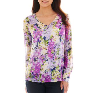 LIZ CLAIBORNE Long Sleeve Garden Floral Blouse with Cami   Tall, Lavender Multi
