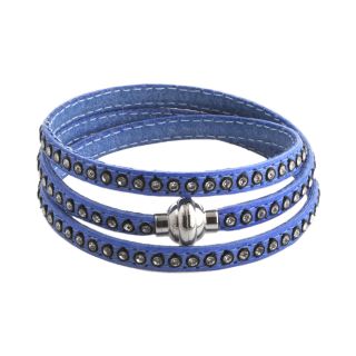 Stainless Steel Triple Wrap Denim Blue Leather Bracelet, Womens