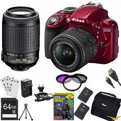 Nikon D3300 DSLR 24.2 MP HD 1080p Camera with 18 55, 55 200VR Lens   Red Bundle