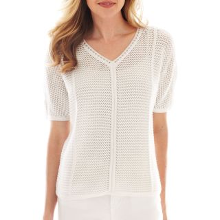 LIZ CLAIBORNE Short Sleeve Open Stitch Sweater, White, Womens