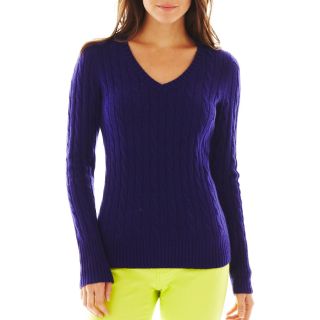 Wool Blend Cable Knit V Neck Sweater, Purple, Womens