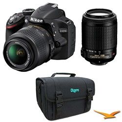 Nikon D3200 DX format Digital SLR Kit w/ 18 55mm and 55 200mm VR Lens (Black)
