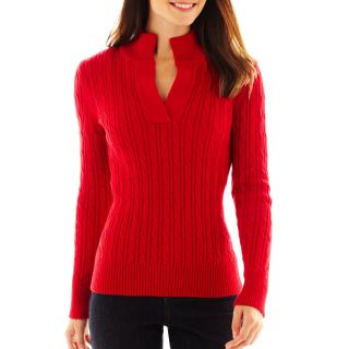 LIZ CLAIBORNE Long Sleeve Split Mock Neck Cable Sweater, Red, Womens