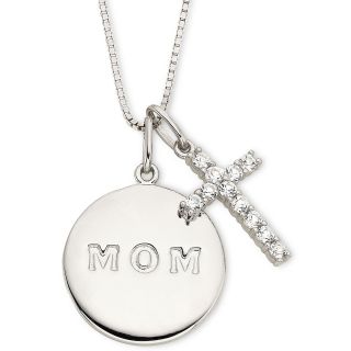 Sterling Silver Mom Disc With Lab Created White Sapphire Cross Pendant, Womens