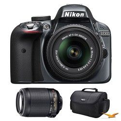Nikon D3300 DSLR HD Grey Camera, 18 55mm Lens, 55 200mm Lens and Case Bundle
