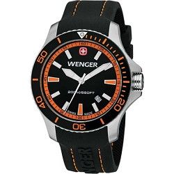 Wenger Mens Sea Force Swiss Watch   Black and Orange Dial/Black Silicone Strap