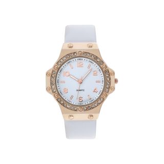 Womens Faux Leather Stone Accent Watch, White