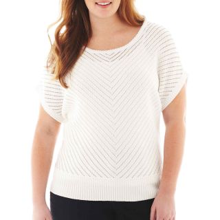A.N.A Short Sleeve Chevron Stitch Sweater   Plus, White, Womens