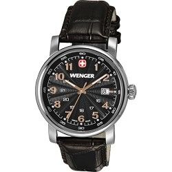 Wenger Mens Urban Classic Swiss Army Watch   Black Textured Dial/Brown Leather