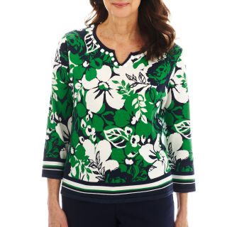 Alfred Dunner Greenwich Circle Floral Border Striped Print Sweater   Petite,