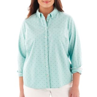 Long Sleeve Flocked Dot Oxford Shirt   Plus, Bright Aqua Dt