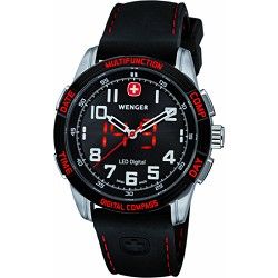 Wenger Mens Nomad LED Compass Watch   Black Dial/Black Silicone Strap/Red LED
