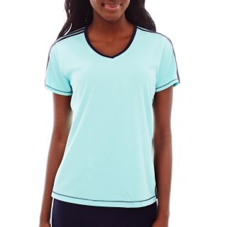 Made For Life Short Sleeve Seamed Mesh Tee   Petite, Aqua Zst/nvy Sl/wh, Womens