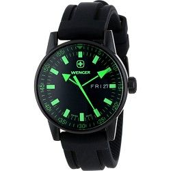 Wenger Mens PVD Commando Day Date XL Watch   Black Dial/Black Silicone Strap