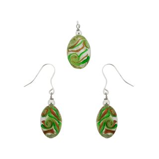 Bridge Jewelry Silver Plated Green Oval Glass Bead Pendant & Earring Set