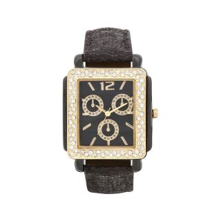 Womens Square Crystal Accent Glitz Strap Watch, Black